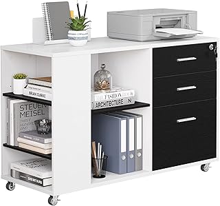YITAHOME Mobile File Cabinet, Rolling Filling Cabinet, Lateral Stationery Storage Cabinet Chest for Home Office Printer Stand A4 Document Organiser Unit (Black+White, 3 Drawers+5 Compartments+Lock)