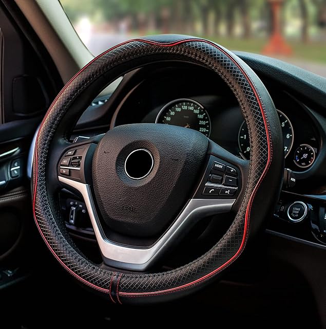 Universal Fit Leather Car Steering Wheel Cover 37-38.5CM Black Red Line