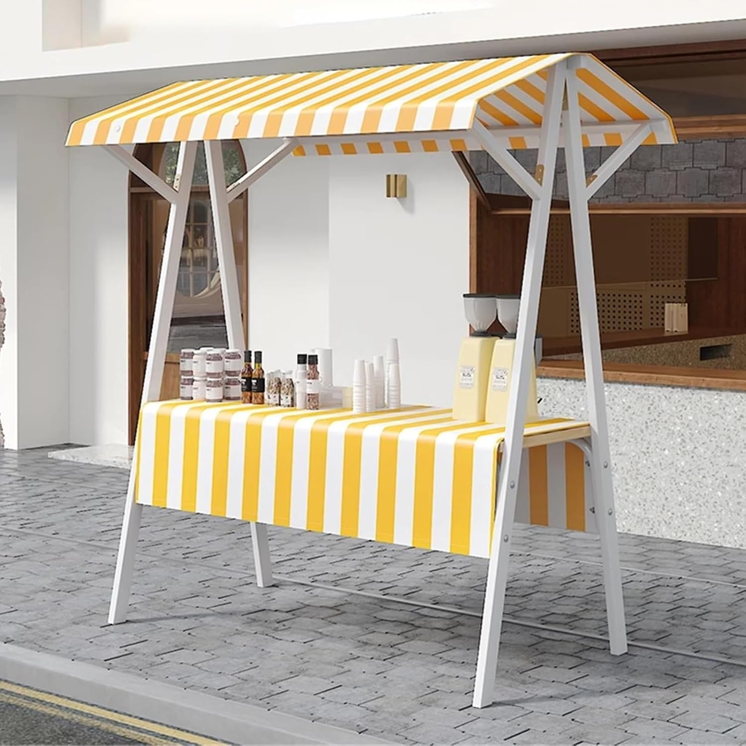 Lightweight Foldable Market Stall Cart, Outdoor Vending Trolley with Canopy, Iron Display Stand for Events, Portable Vendor Kiosk (Yellow, 150cm/59in)