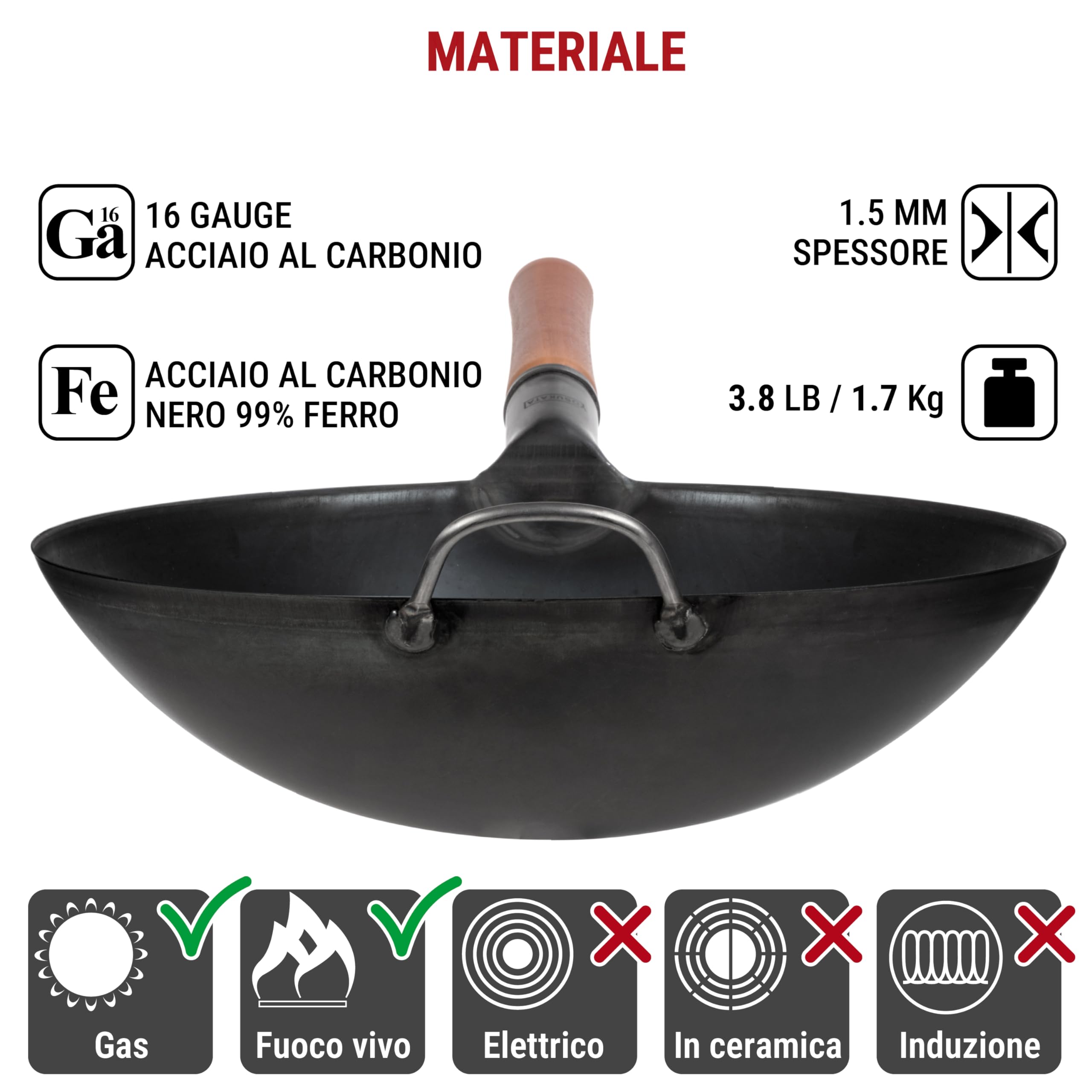 YOSUKATA Padella Wok Professionale 36 cm - Tradizionale Fondo Tondo in Acciaio al Carbonio Precondizionato - Cinese Originale - Pentola Grande - Compatibile con Gas e Fuoco Aperto (Nero)