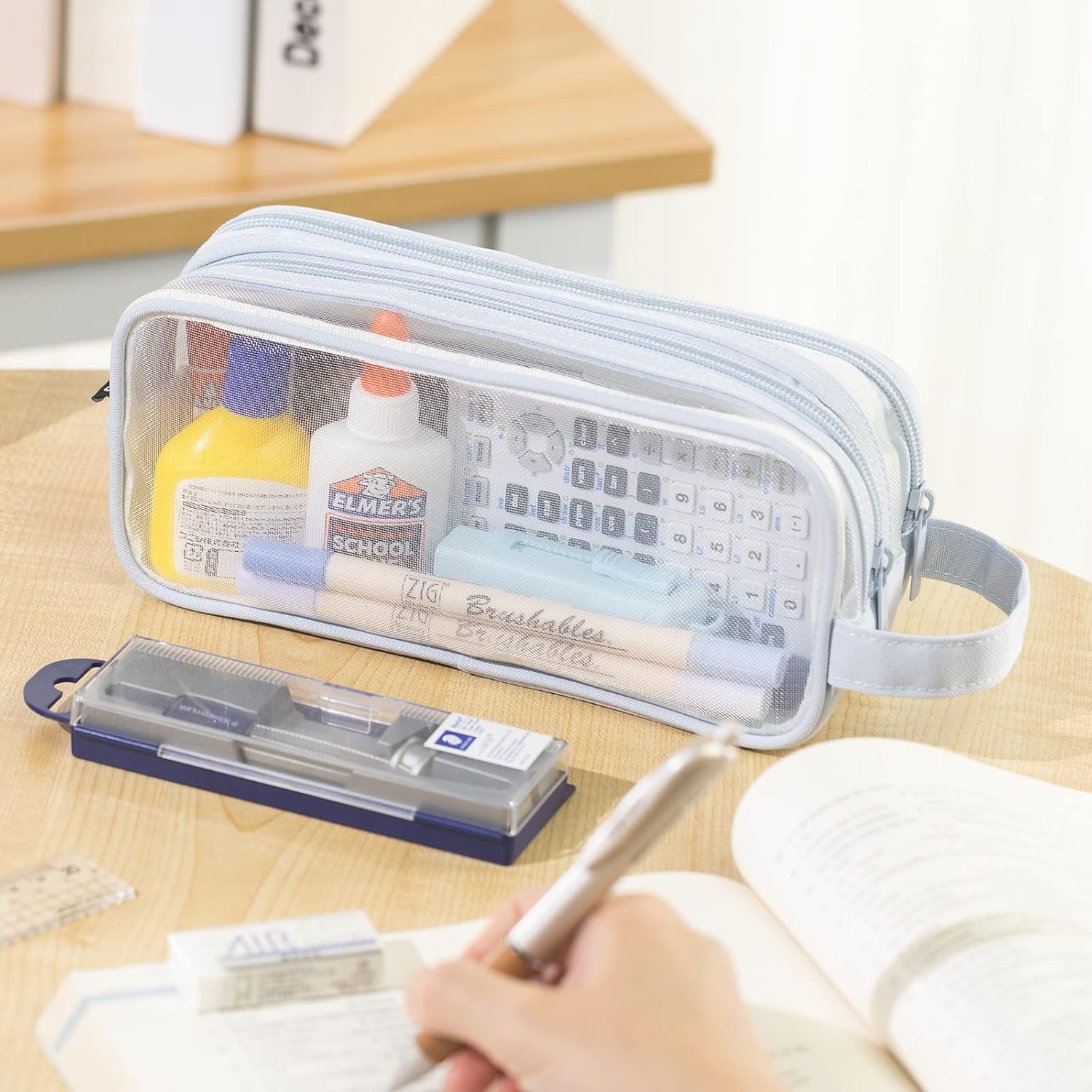 ANGOOBABY Large Grid Mesh Pencil Case 2 Compartment Pen Bag Clear Handheld Multifunction Pencil Pouch Transparent Makeup Bag for Teen Student College Business Travel Office Adult - Blue
