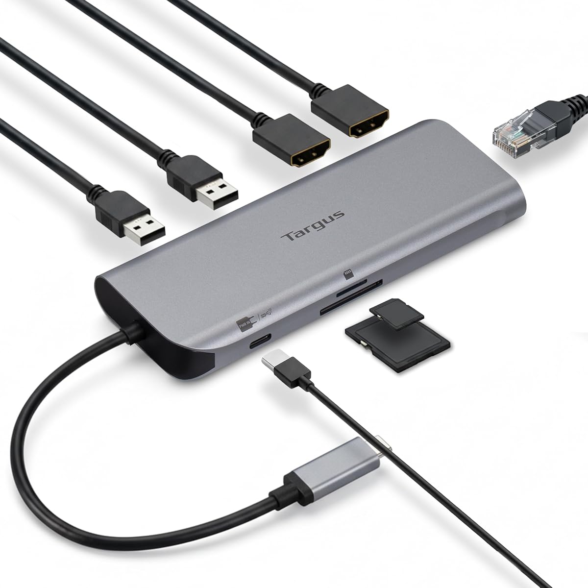 Targus Dual Video Mobile Dock with 140W EPR Power Pass-Through, Dual HDMI 4K@60Hz, USB-C & USB-A 10Gbps, SD/microSD Reader, Gigabit Ethernet, EcoSmart Design DOCK403GL
