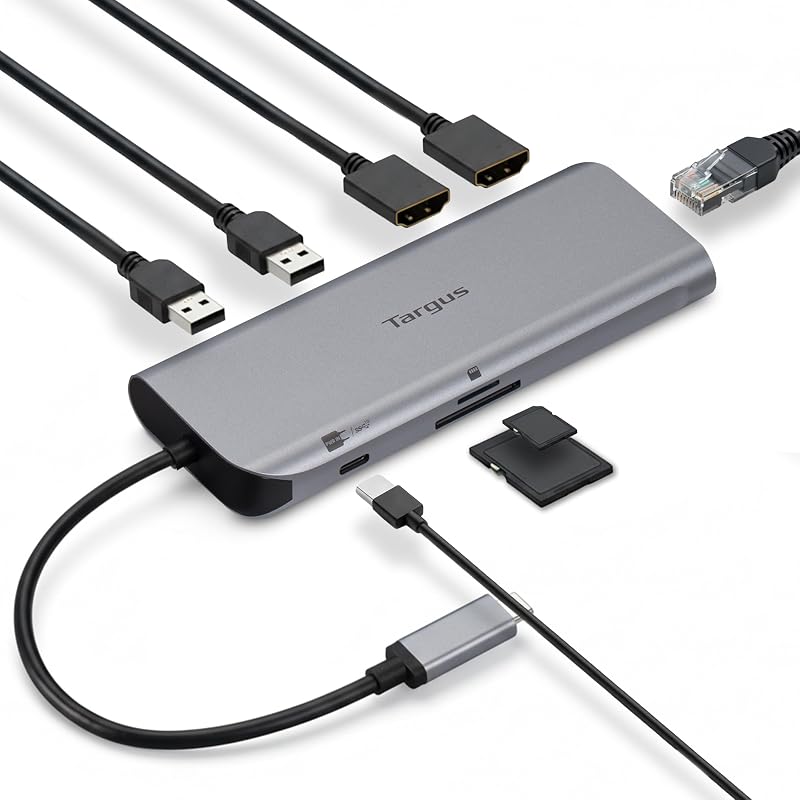 Targus Dual Video Mobile Dock with 140W EPR Power Pass-Through, Dual HDMI 4K@60Hz, USB-C & USB-A 10Gbps, SD/microSD Reader, Gigabit Ethernet, EcoSmart Design DOCK403GL