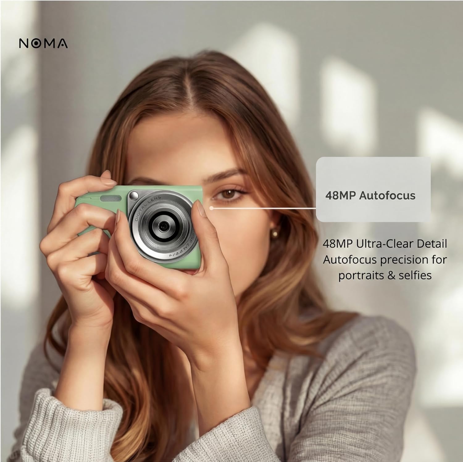 Noma Vintage Digital Camera – Retro Point and Shoot Digital Camera with 48MP Autofocus, 4K Video, Compact Pocket Camera for Travel, Kids & Beginners, SD Card Reader Included (Green)