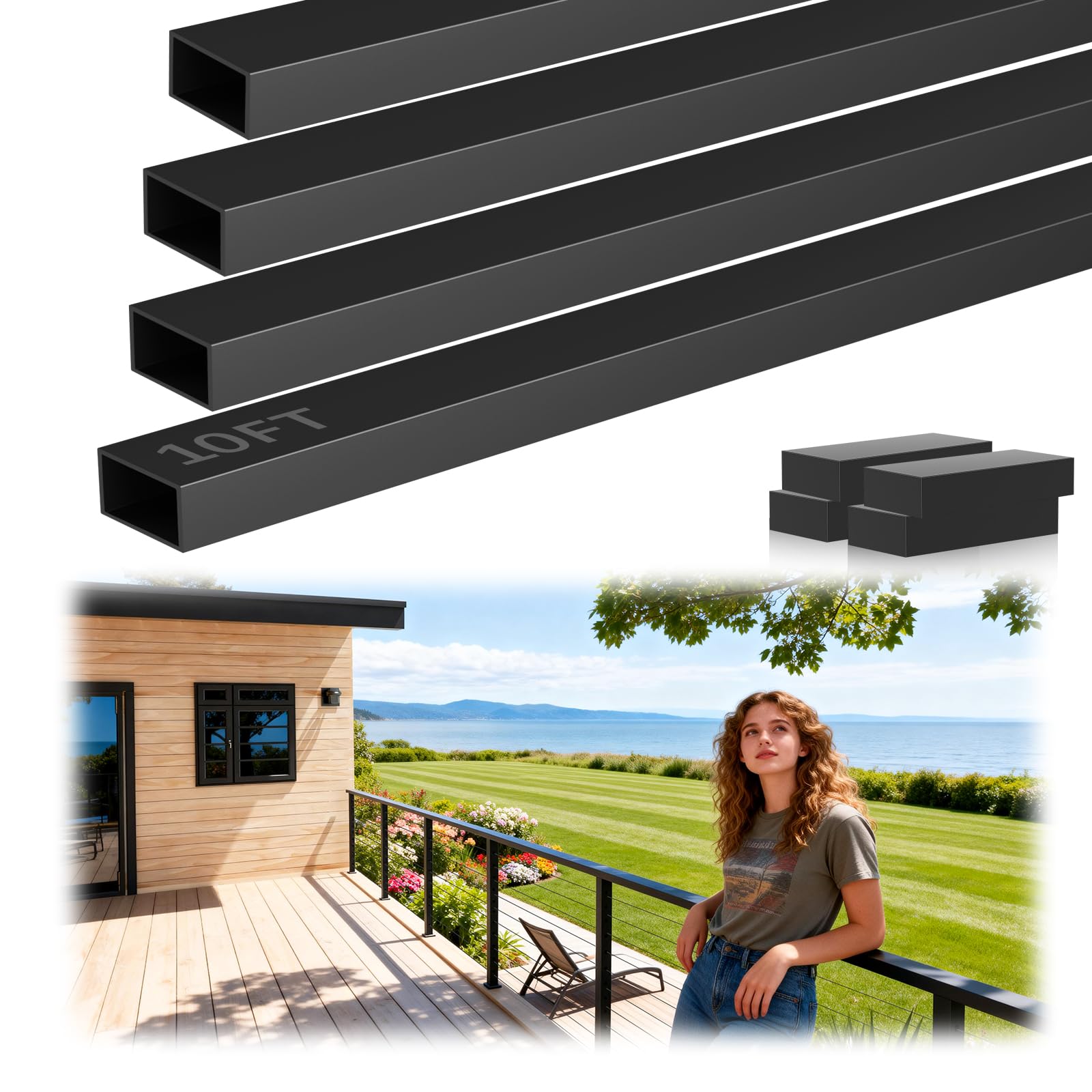 Photo 1 of *** ONE PIECE ONLY***Gyykzz 10FT Aluminum Black Cable Railing Handrail with POM Connector, 4 Pack Rectangle 3mm Thick Deck Handrail for Indoor Outdoor Coastal Cable Railing System, Cuttable Flat Top Hand Rail with Screws