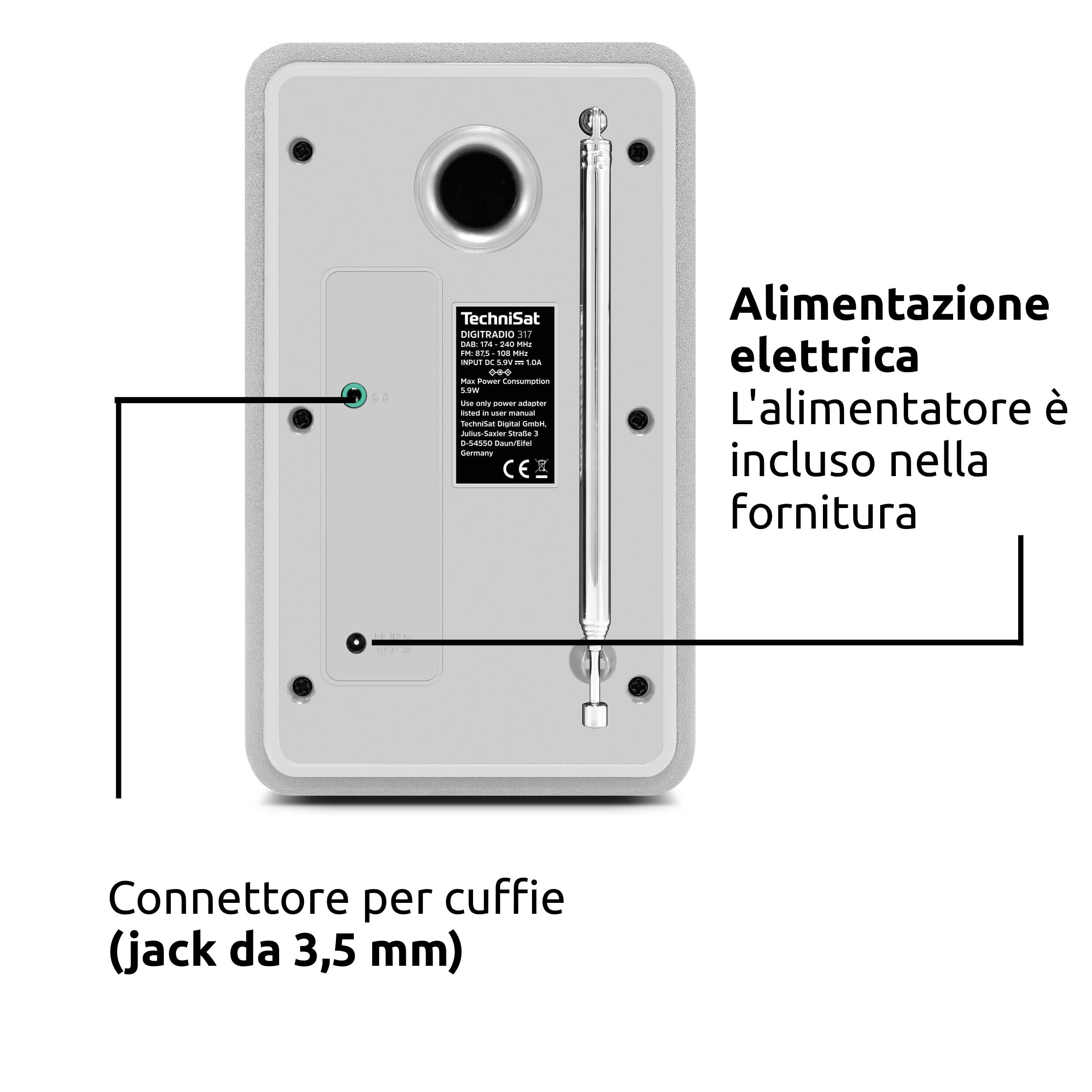 TechniSat DIGITRADIO 317 Radio FM DAB+ Bluetooth Streaming Sveglia Timer Display 2,4 Pollici 3W Bianco