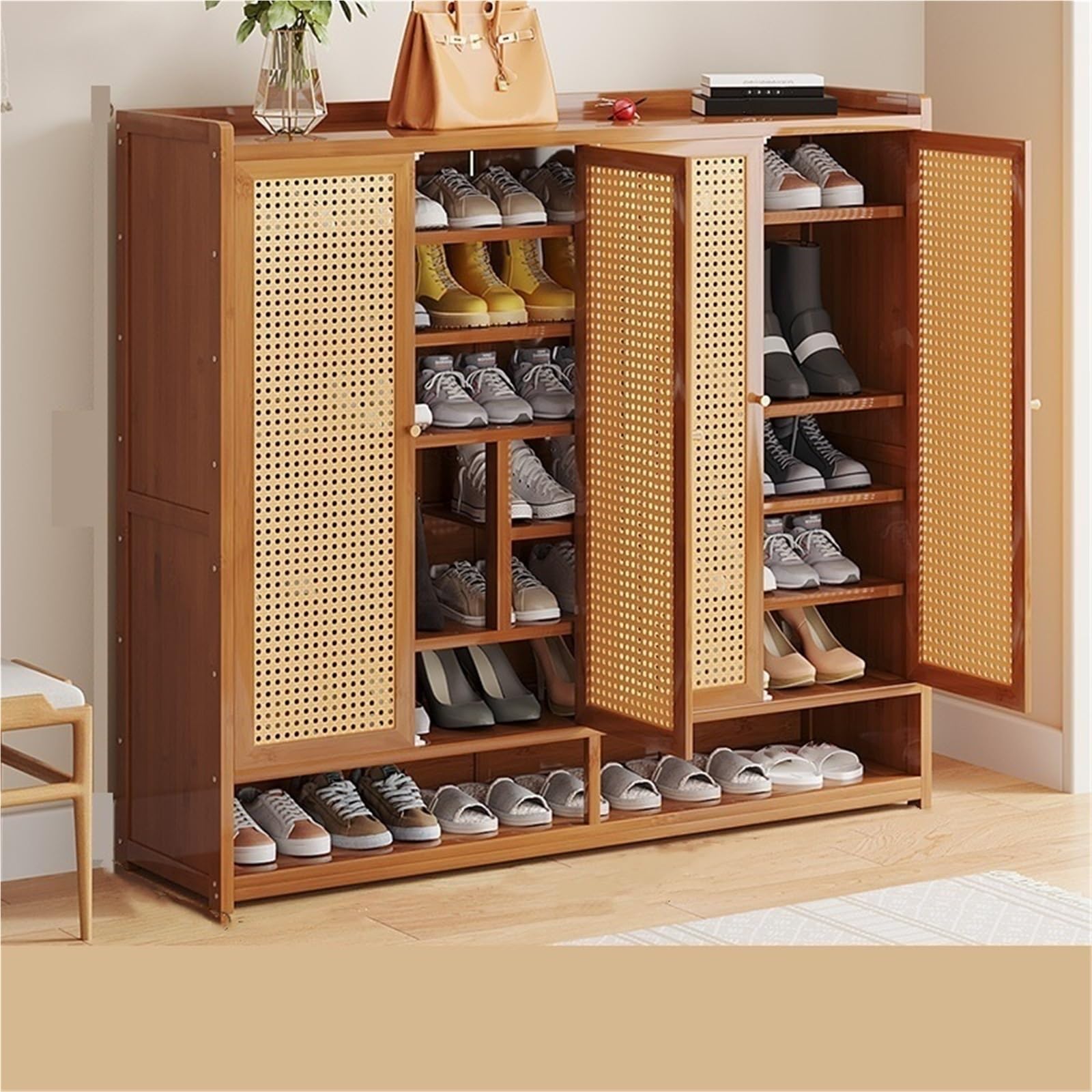 SDCFFC 7 Tier Bamboo Shoe Storage Cabinet with Boot Storage Freestanding Shoes Racks with Doors Shoe Cabinet Shoe Shelves Organizer for Entryway Hallway Bedroom,Freestanding Organizer