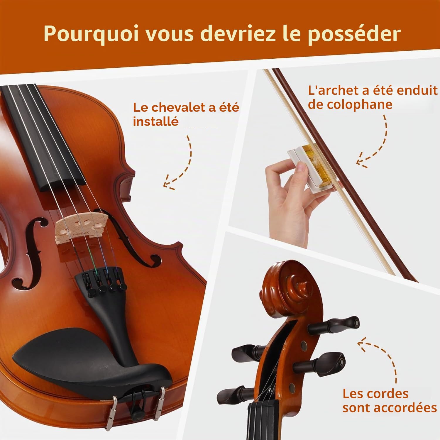 PHOENIX Violon 4/4 adulte Kit complet pour, Ensemble de Violon Pour Débutants Adultes Avec archet En Bois de Rose, Cordes et Chevalet Supplémentaires,Une Série D'accessoires (Natural color,Full)