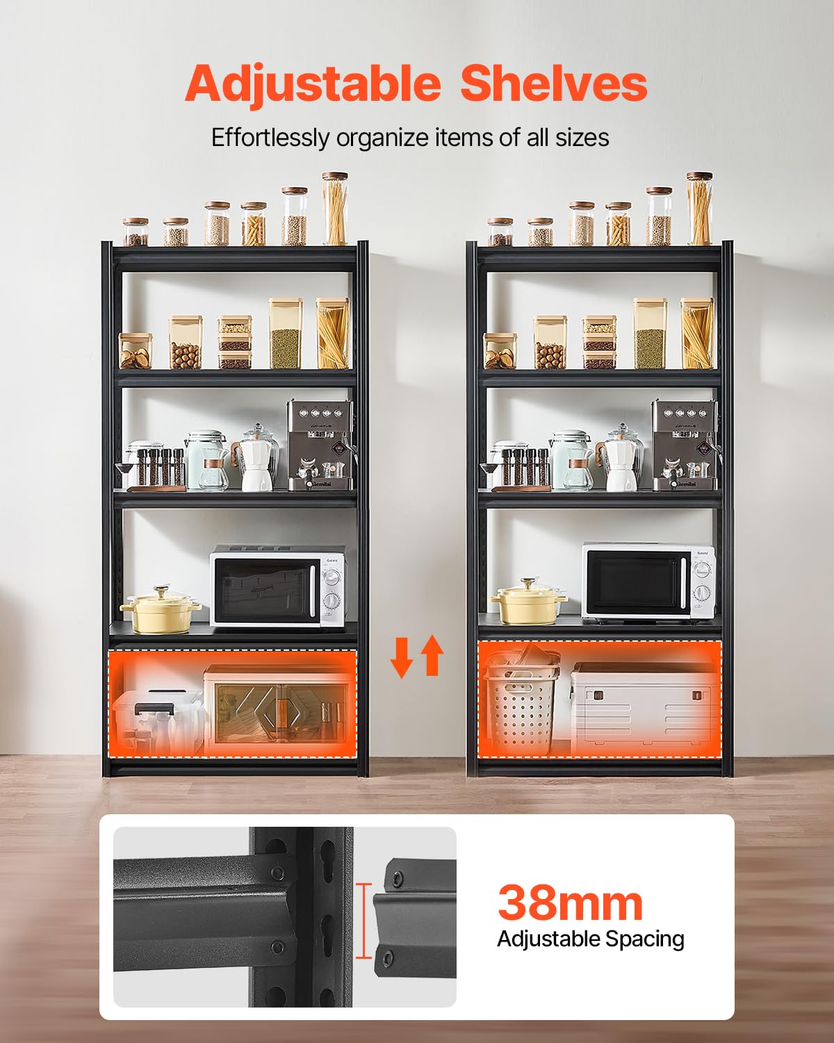 VEVOR Estantes de Almacenamiento de 5 Niveles de 457,2 x 914,4 x 1828,8 mm Capacidad de Carga Total de 907 kg, Estantes de Metal Ajustables para Garaje, Cocina, Almacén, Sótano, Trastero, Negro