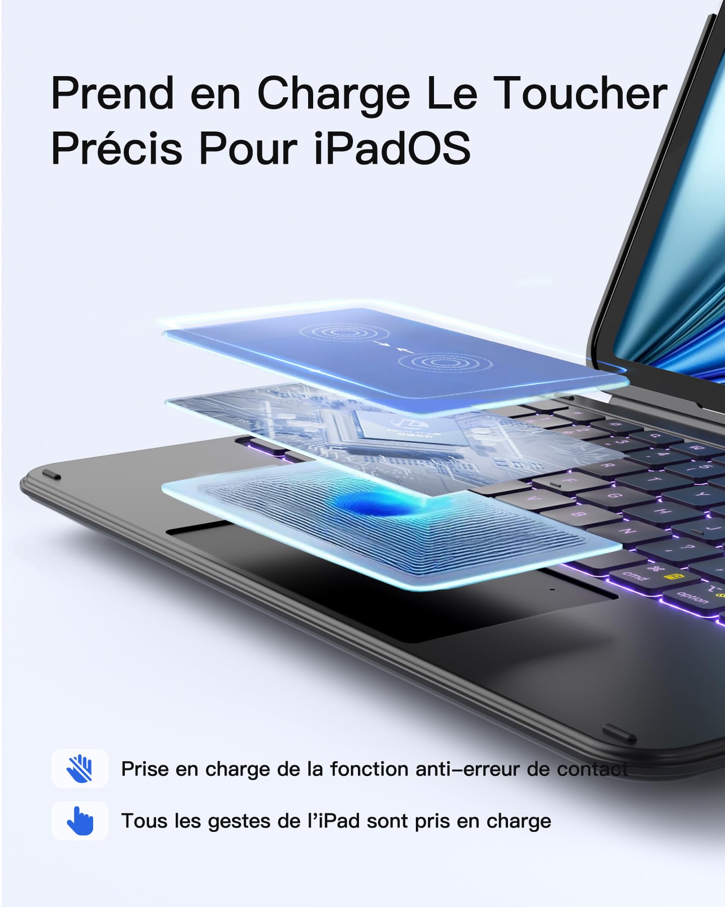 Inateck Coque Clavier iPad A16 11e/10e Gén, Air 11" M4/M3/M2, Air 5/4, Pro 11 4e-1re – AZERTY sans Fil, Détachable Magnétique, Rétroéclairage 7 Couleurs, Pavé Tactile, Ultra-Léger, Noir