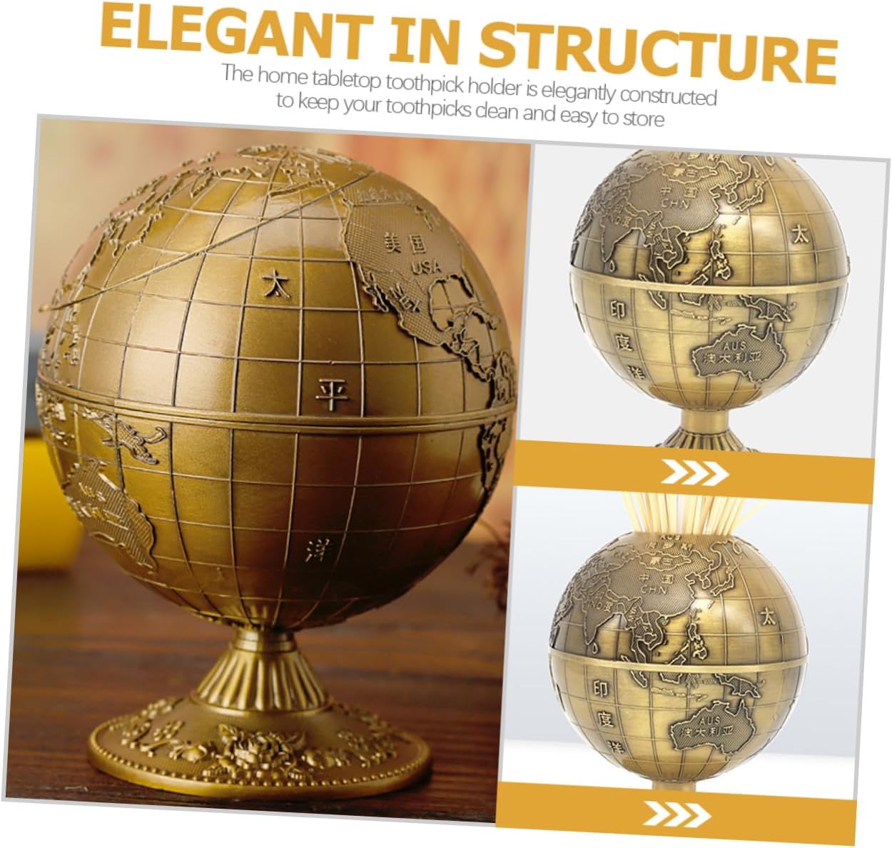 VANZACK Retro Press-type Toothpick Holder Zinc Alloy Toothpick Box with Lid 360° Rotating Globe Design for Home and Dining Table Use