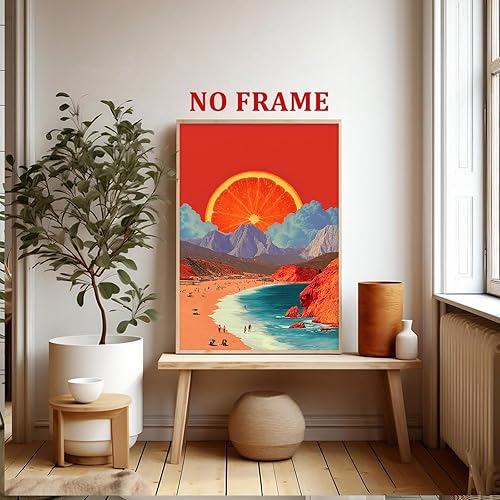 Miniatura 7 de Arte de pared de montaña de playa naranja, impresión estética vintage sin él, imagen retro de los años 70, arte de pared bohemio con atardecer en el