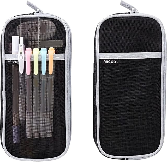 Clear Pencil Case, Grid Mesh Large Pen Pencil Case, Makeup Color Pouch Cosmetics Bag Multi-Purpose Travel School Teen Girls Transparent Stationary Bag Office Organizer Box (Black-Grey)
