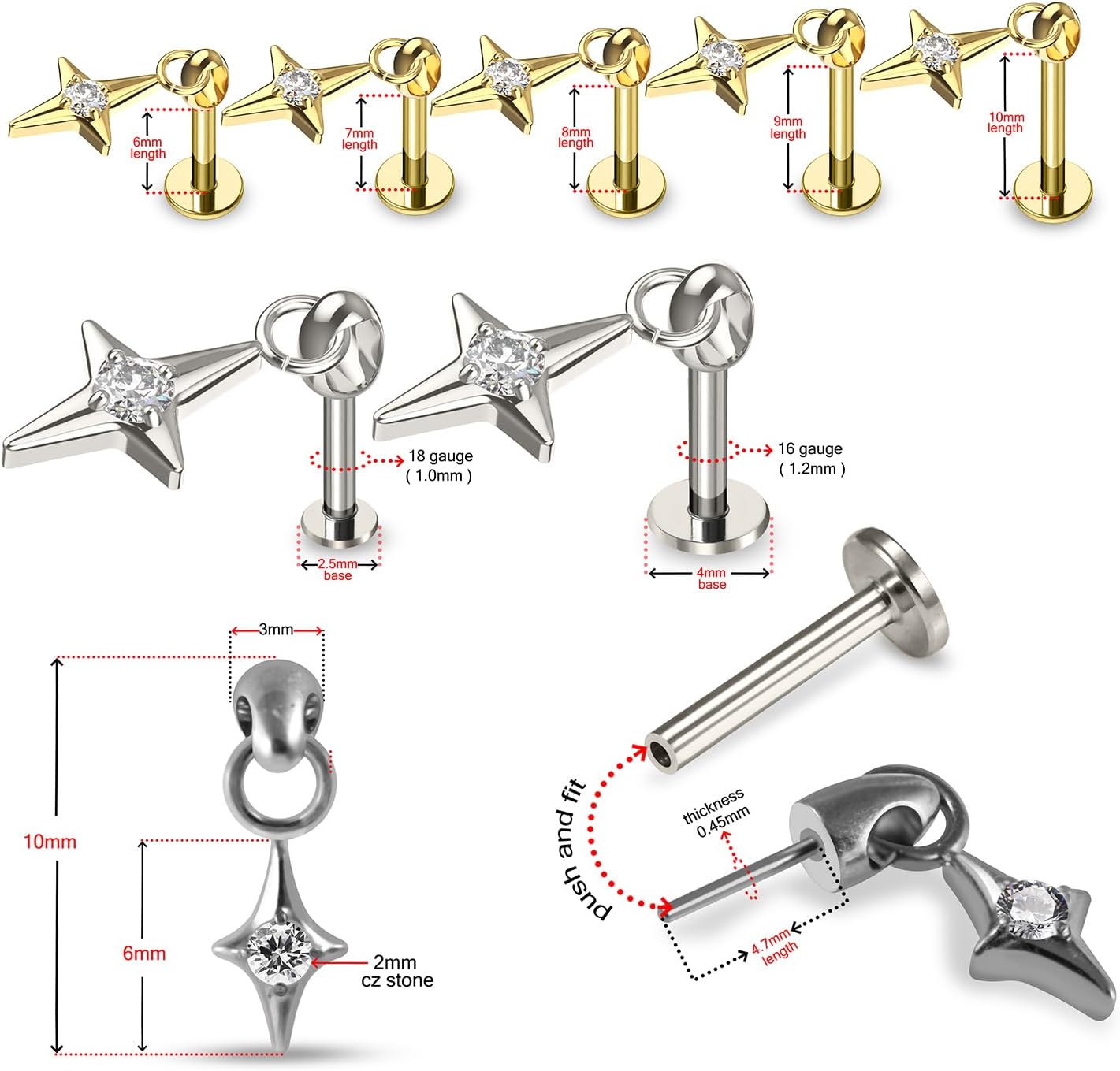 G23 Grade Titanium Wink Star with Cz Stone Dangling Design Push Fit Top 18G, 16G - 6mm, 7mm, 8mm, 9mm, 10mm Lip Labret - Tragus Bar Piercing - Labret Stud Helix - Tragus Piercing Jewelry