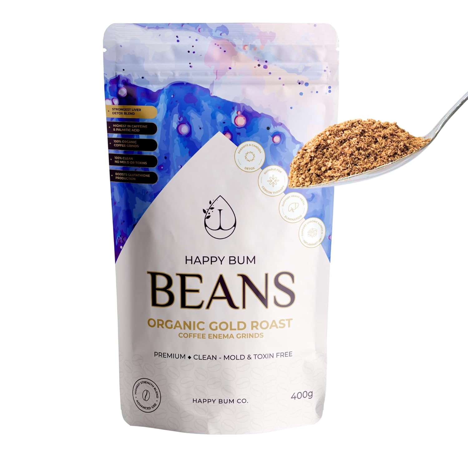 Happy Bum Co Organic Gold Roast Enema Coffee Grinds (400g) Mold-Free, Fair-Trade, High-Potency Blend for Colon Detox & Liver Support – Palmitic Acid & High Caffeine Coffee for Coffee Enema