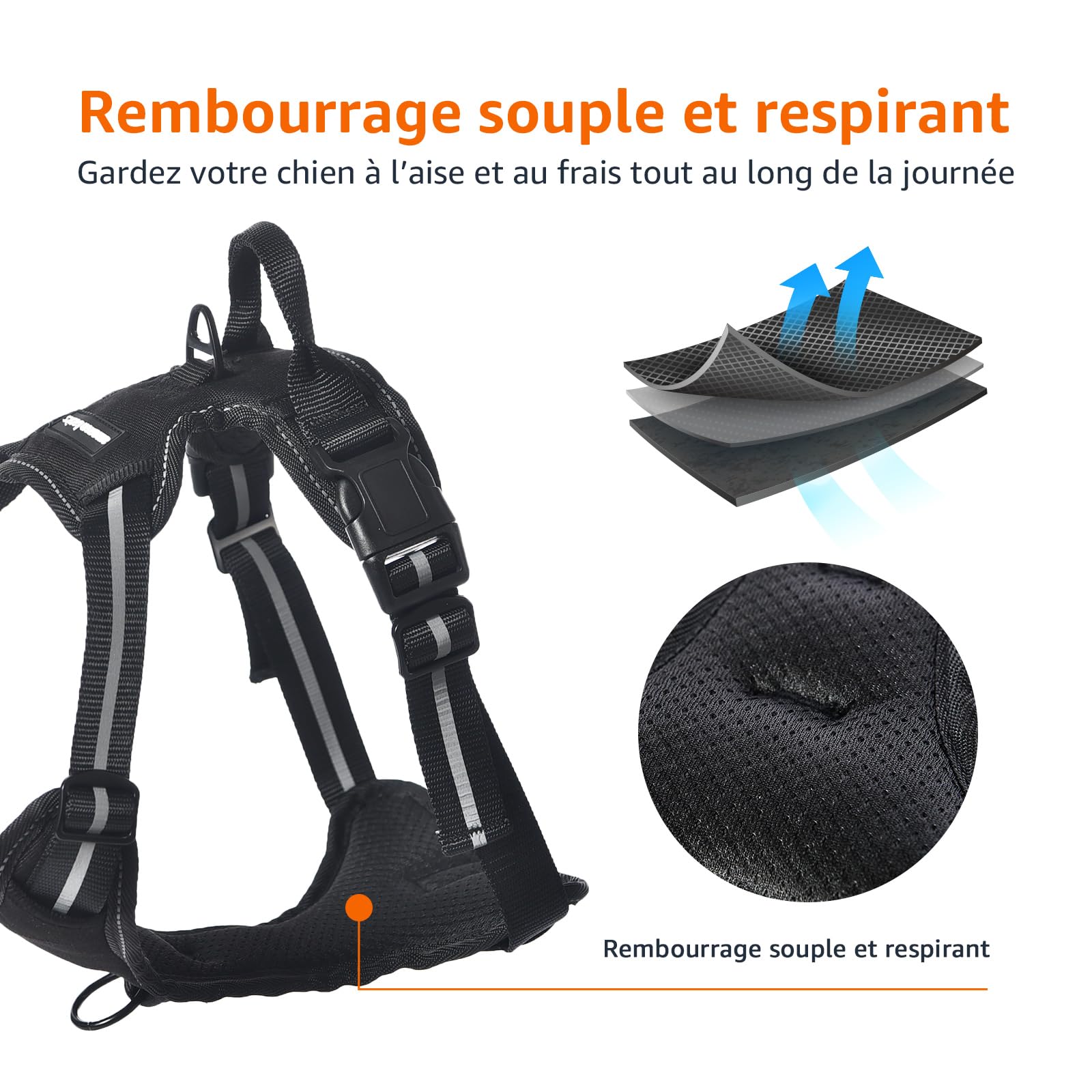 Amazon Basics Harnais pour chien sans traction, réglable et rembourré avec bandes réfléchissantes, Noir, Taille M