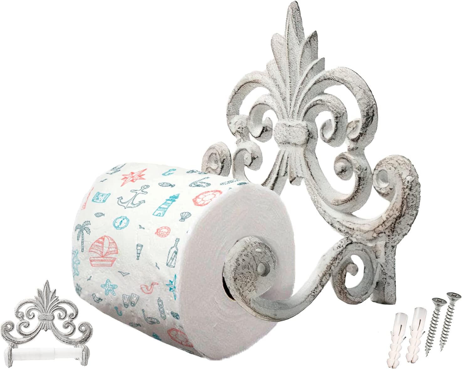 Fleur De Lis Cast Iron Toilet Paper Roll holder - Cast Iron Wall Mounted Toilet Tissue Holder - European Vintage Design - 17.2 x 16 x 10.8 cm- With Screws And Anchors by Comfify (Antique White)