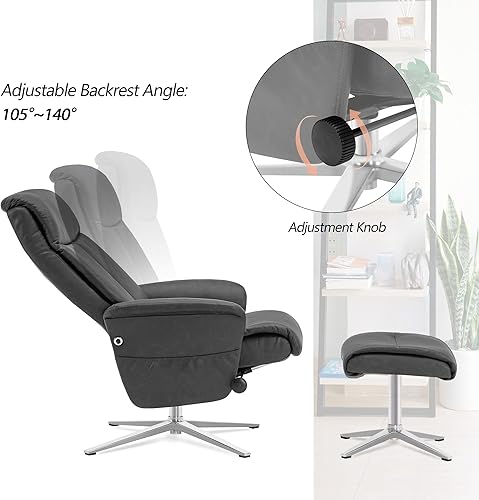Miniatura 6 de MCombo reclinable giratorio con otomana, sillón moderno con base de aluminio resistente, silla de salón de piel sintética para sala de estar,