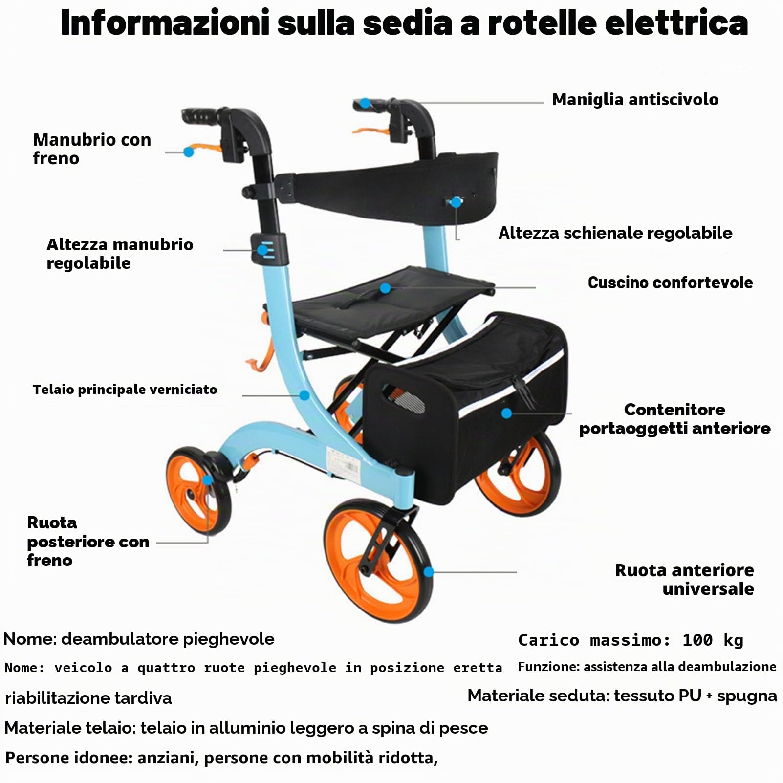 Deambulatore Elettrico Pieghevole con Doppi Freni, Sedile e Borsa portaoggetti Staccabile, Altezza Regolabile, Sedia a rotelle elettrica Leggera per Anziani e disabili,ChampagneColor