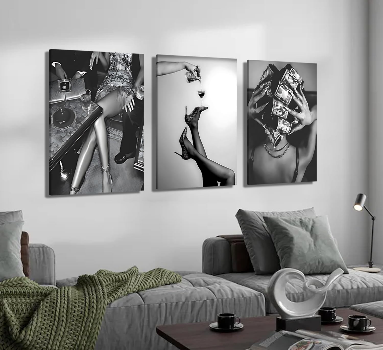 Trendy Black and White Wall Art Luxury Money Hair Rollers Girl Posters Prints High Heels Woman on Disco Drinking cocktails Retro Bold Feminine Fashion Artwork for Bedroom Living Room Dorm Decor