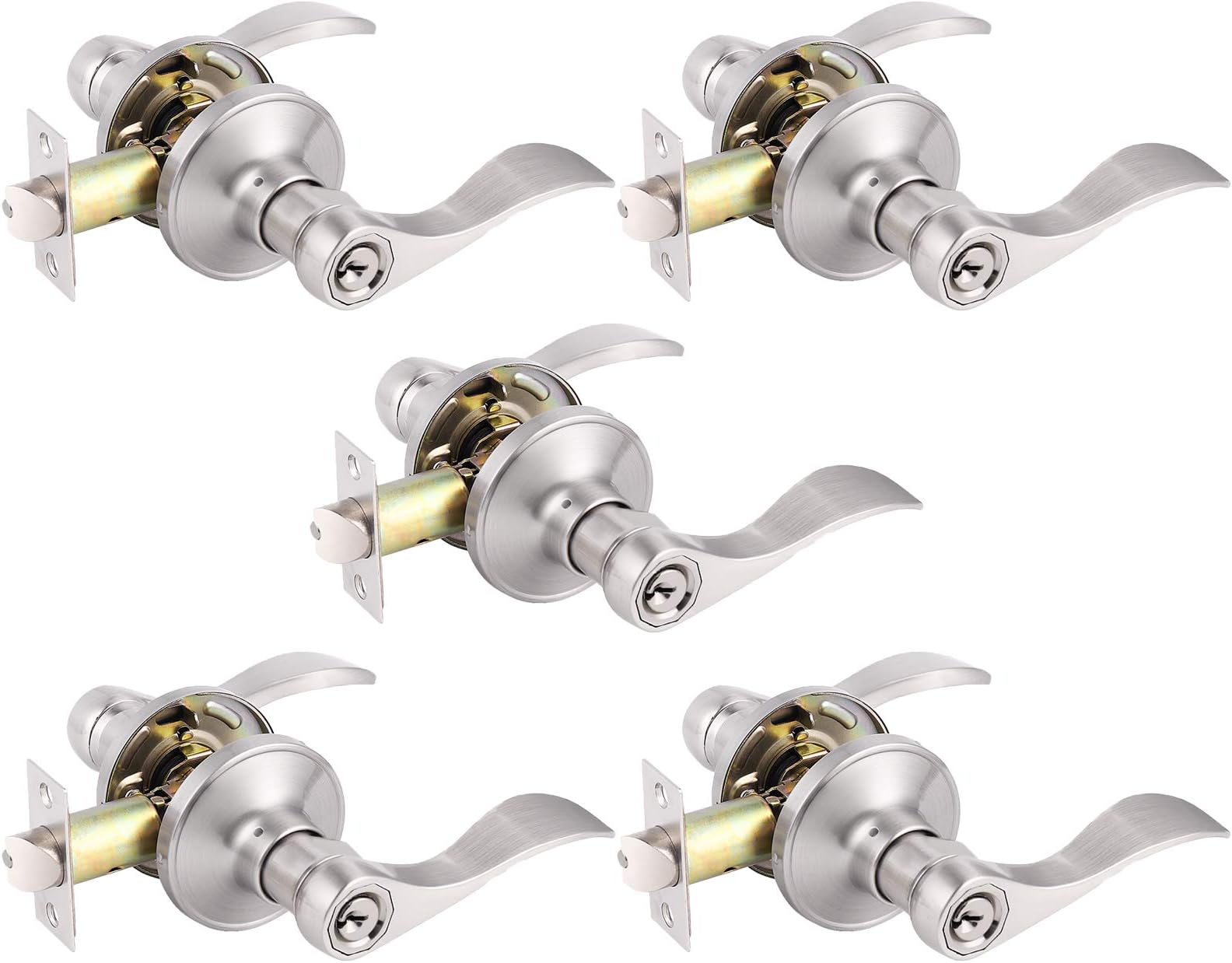 Gobrico Keyed-Alike Wave Handle Lever Entry Door Locksets with Same Key in Satin Nickel 5Pack