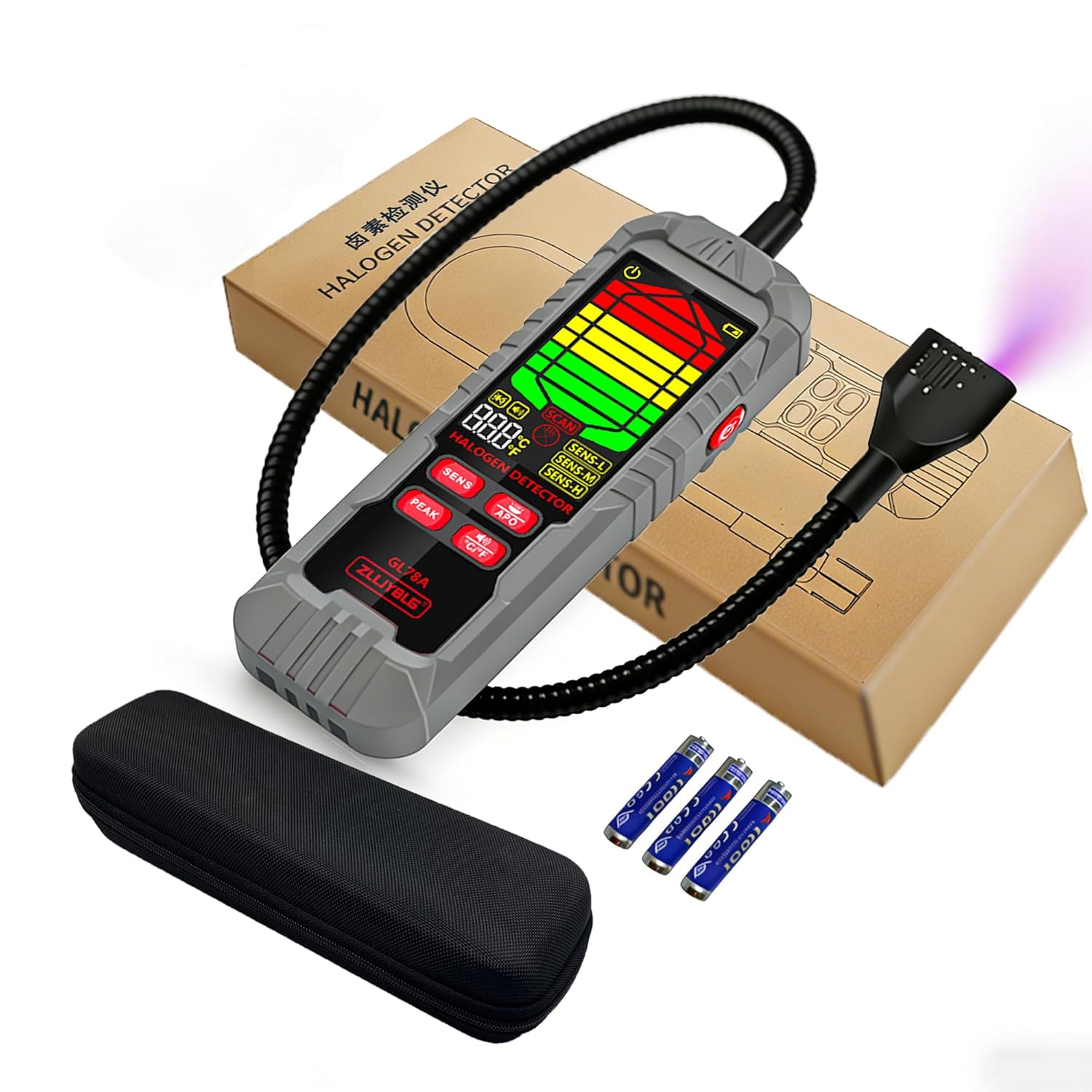 Professional Halogen Gas Detector with 180° Flexible Probe, Digital Refrigerant Leak Detector for R22, R32, R134a, LCD Display, Ultraviolet Detection, 30CM Probe Length