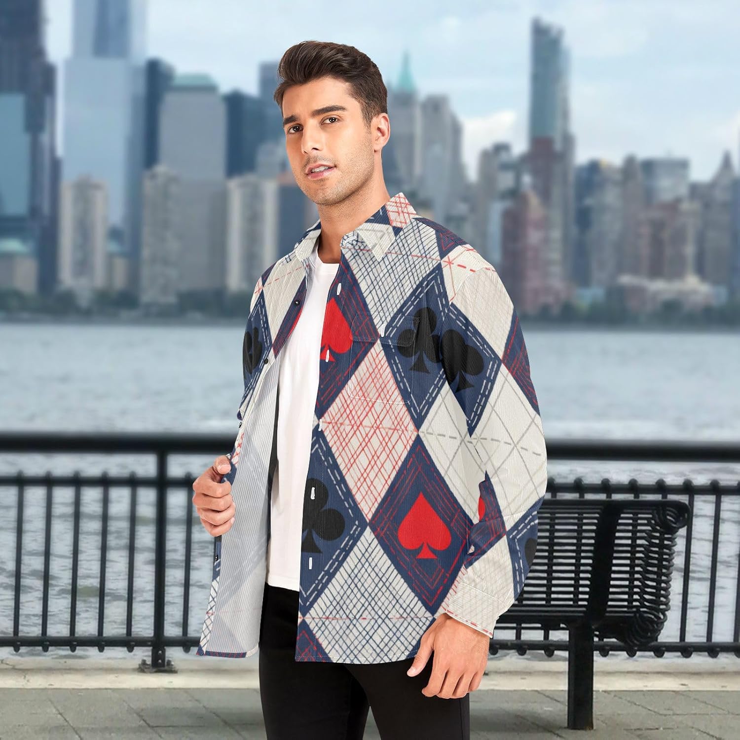 Poker Cowboy Plaid Woolen Cord Fabric Mens Rugby Shirts Long Sleeve for Women Summer with Pockets