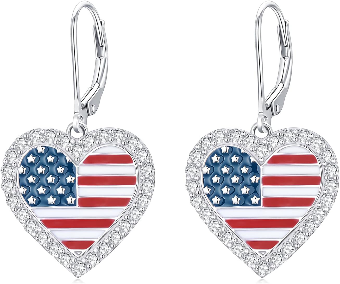 925 Sterling Silver American Flag Earrings, Red White and Blue Birthstone Dangle Earring, Independence Day Earrings 4th of July Patriotic Jewelry Gift for Women