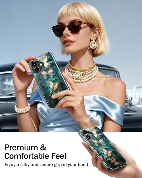 MERRO for iPhone 17 Case,Cute Aesthetic Y2K Phone Cover with Wildflower Designs for Women,Dual-Layer Silicone & Hard Shell Defense,Wireless Charging Compatible - Azure Mosaic Butterfly - 4