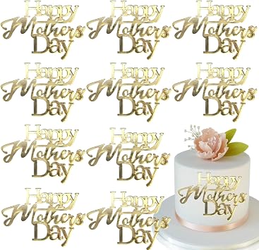 12Pcs Happy Mothers Day Cake Toppers Engraved Decorations Cupcake Topper Acrylic Mirror for Mothers Day Moms Birthday Party Dessert DIY Decor Supplies,Gold