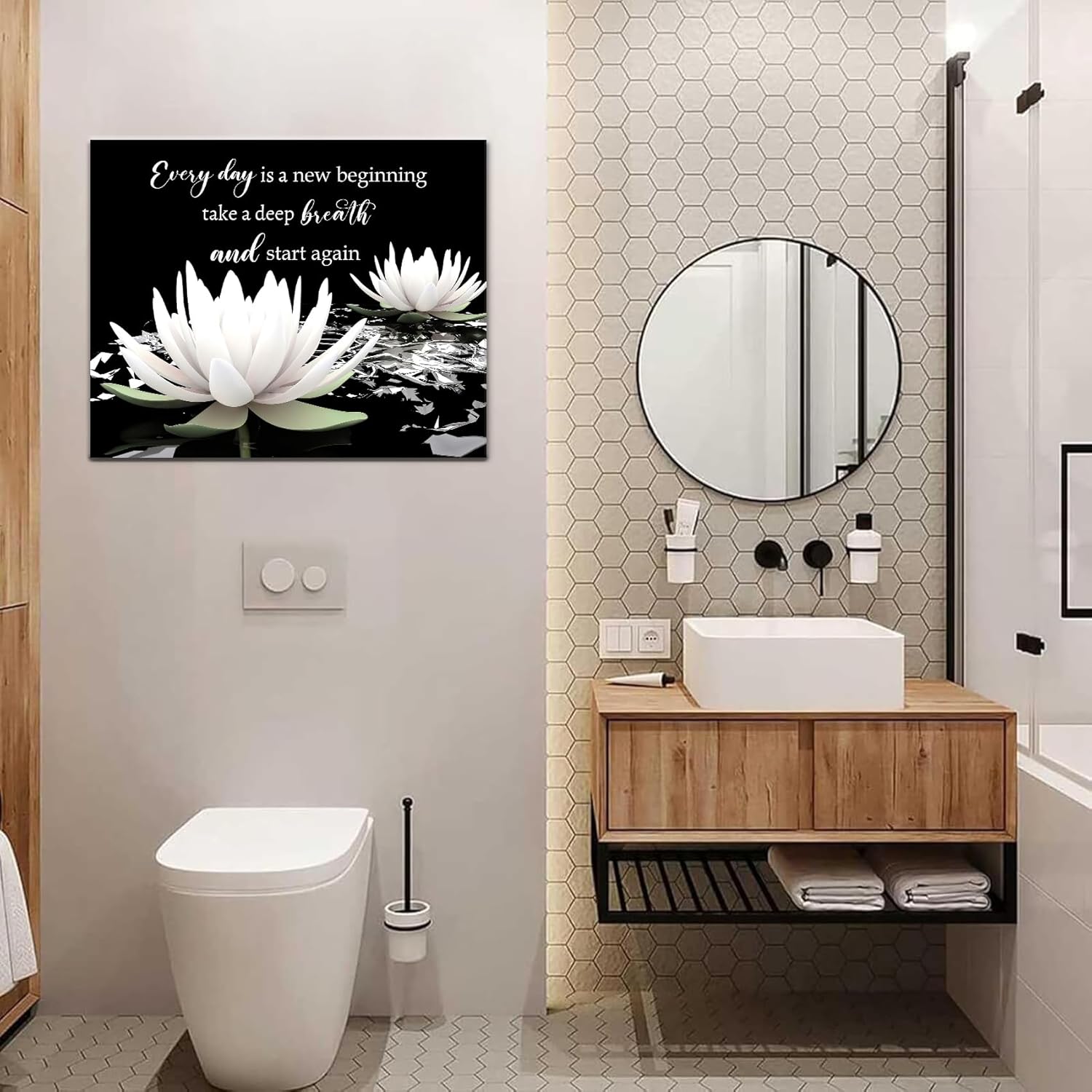 SCECALA Black and White Floral Wall Art Inspirational Quotes with Water Lily Wall Art for Living Room Zen Spa Canvas Wall Art Decor for Bedroom Bathroom Home Office Ready to Hang 12L x 16W Inch - Image 4