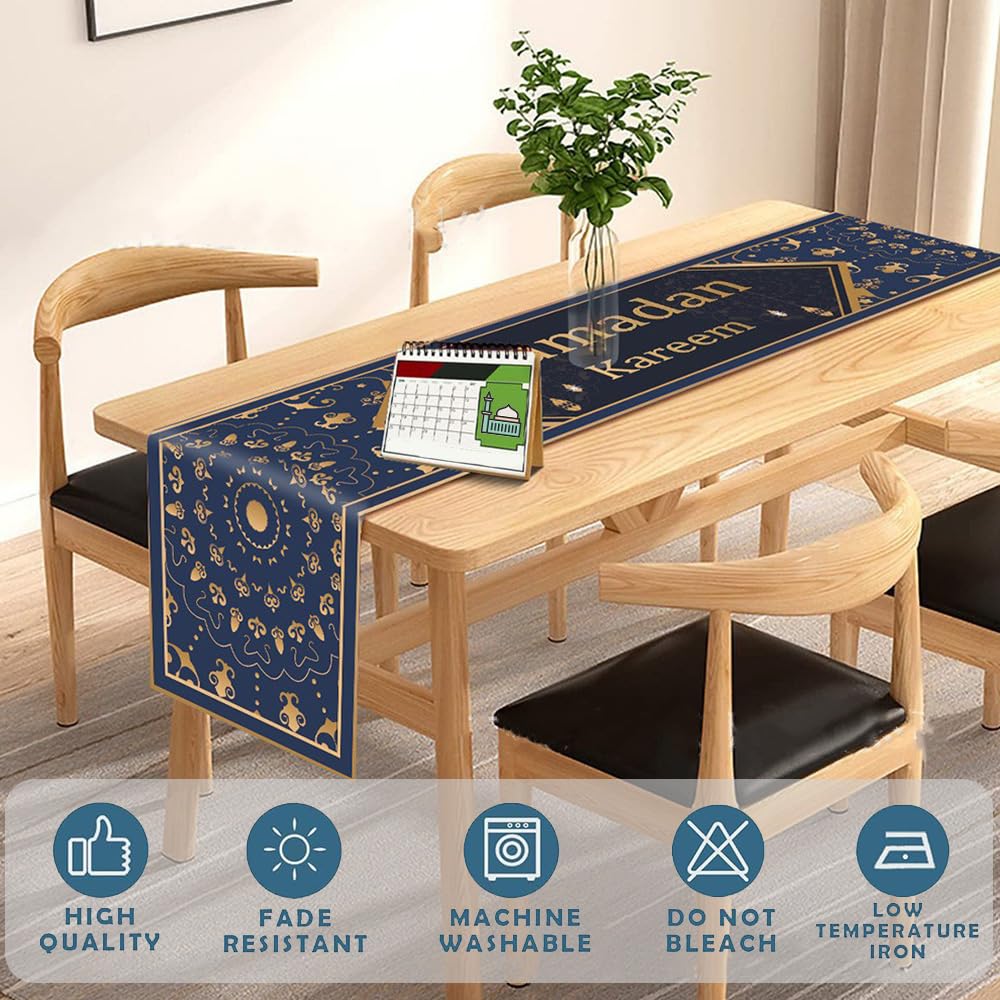 Runner Da Tavolo Ramadan 183x33 Cm – Lanterna Blu E Gialla, Decorazione Eid Mubarak In Poliestere