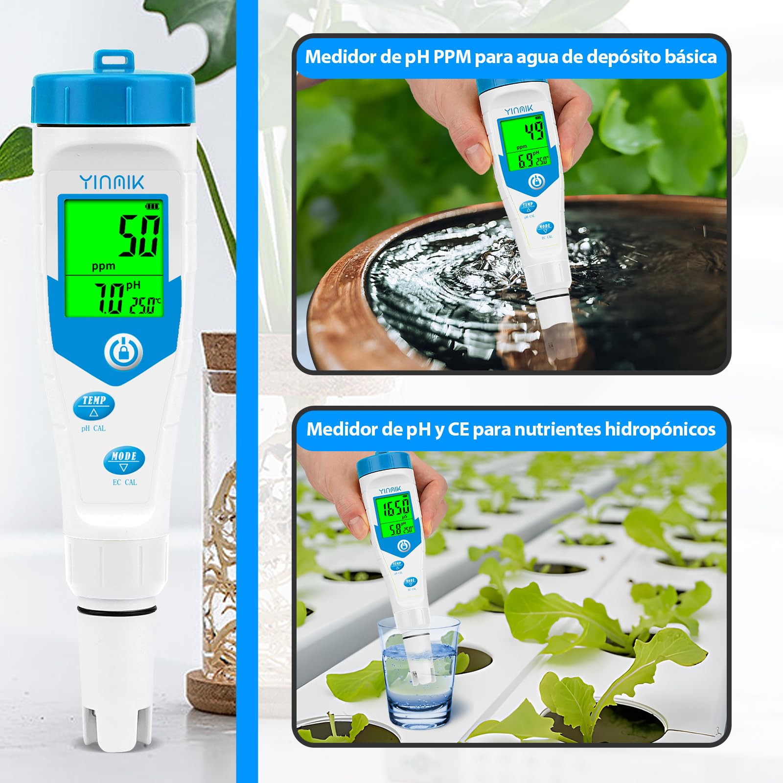 YINMIK Piscinas Medidor de Salinidad Digital 5 en 1 | Medidor de pH TDS EC Sal con Solución Calibración pH Visualización Simultánea de Sal y pH para Piscina Acuarios Hidroponía