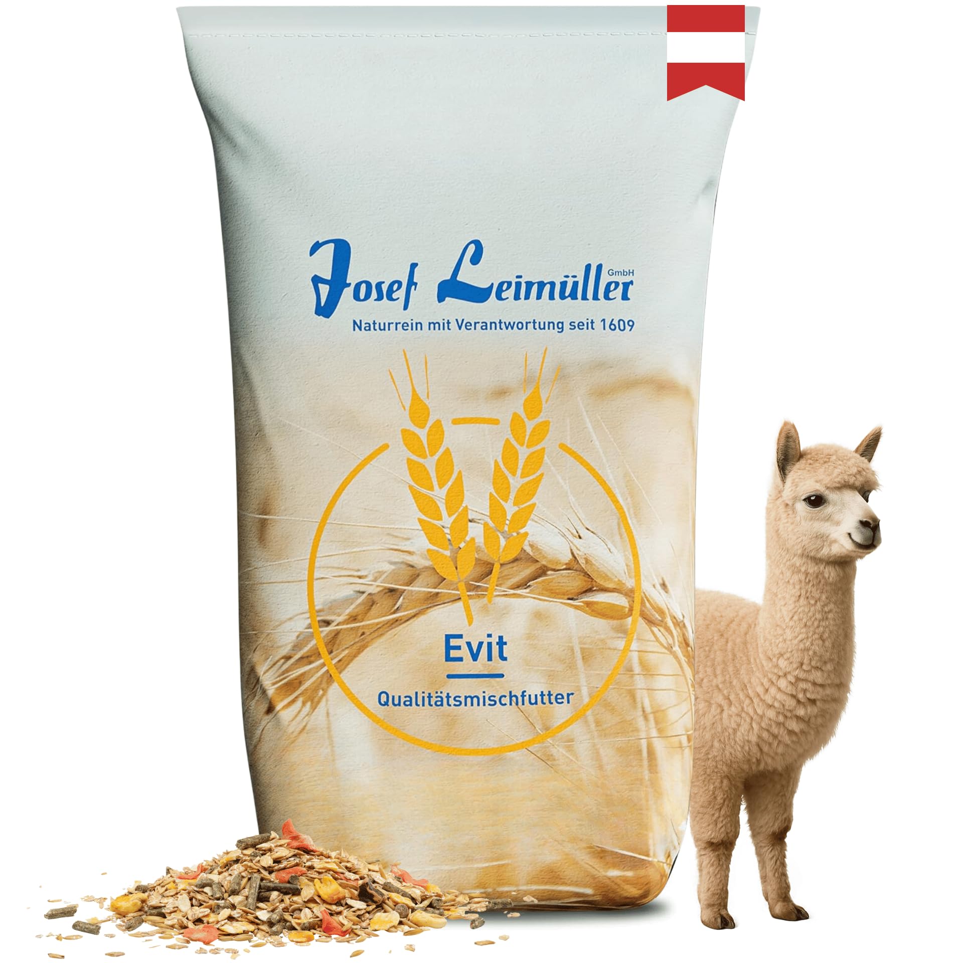 Leimüller Nourriture pour alpagas 20 kg - Aliment autrichien de qualité sans OGM - Aliment pour alpagas, Lamas, chameaux et camélidés - conditionné à la Main Depuis 1609