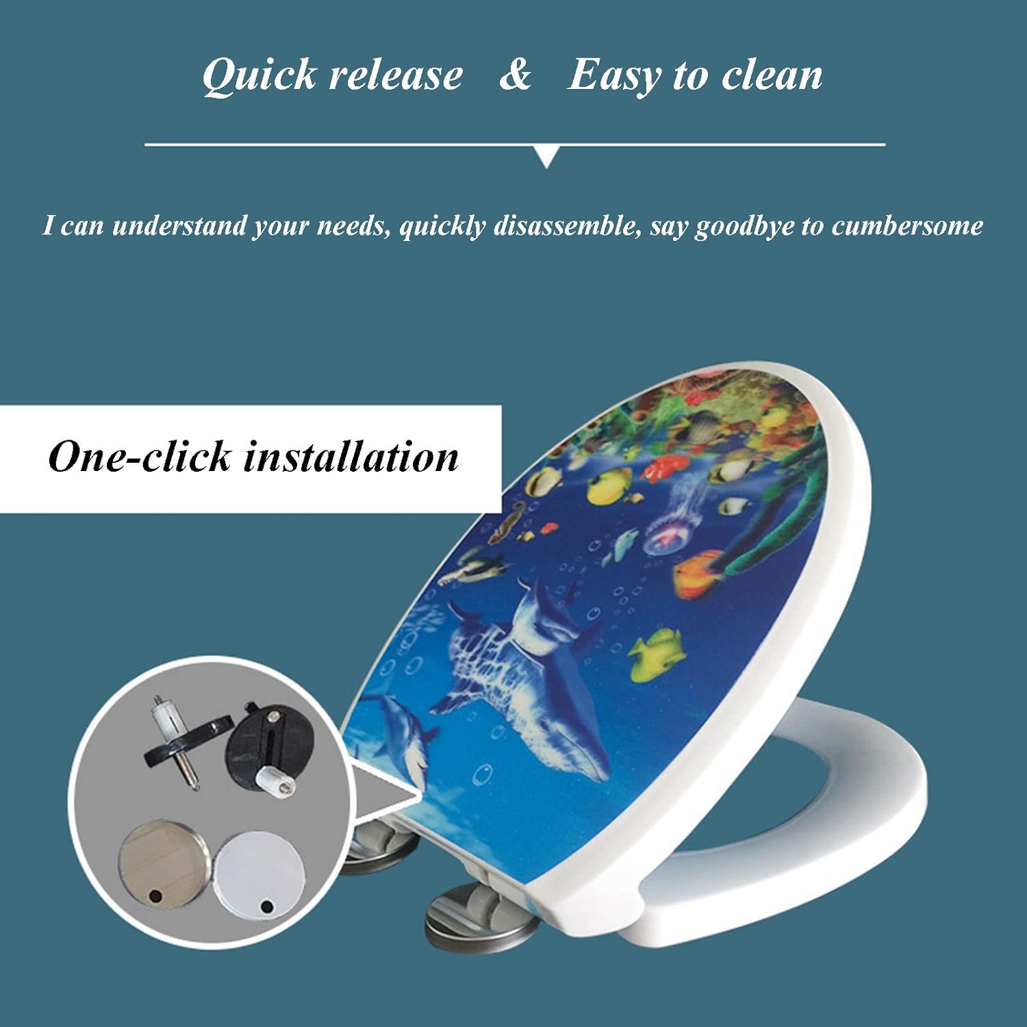 Round Toilet Seat PP Toilet Seat with Quietly Close and Quick Release Hinges, Easy to Install Also Easy to Clean, O/U/V-Shape