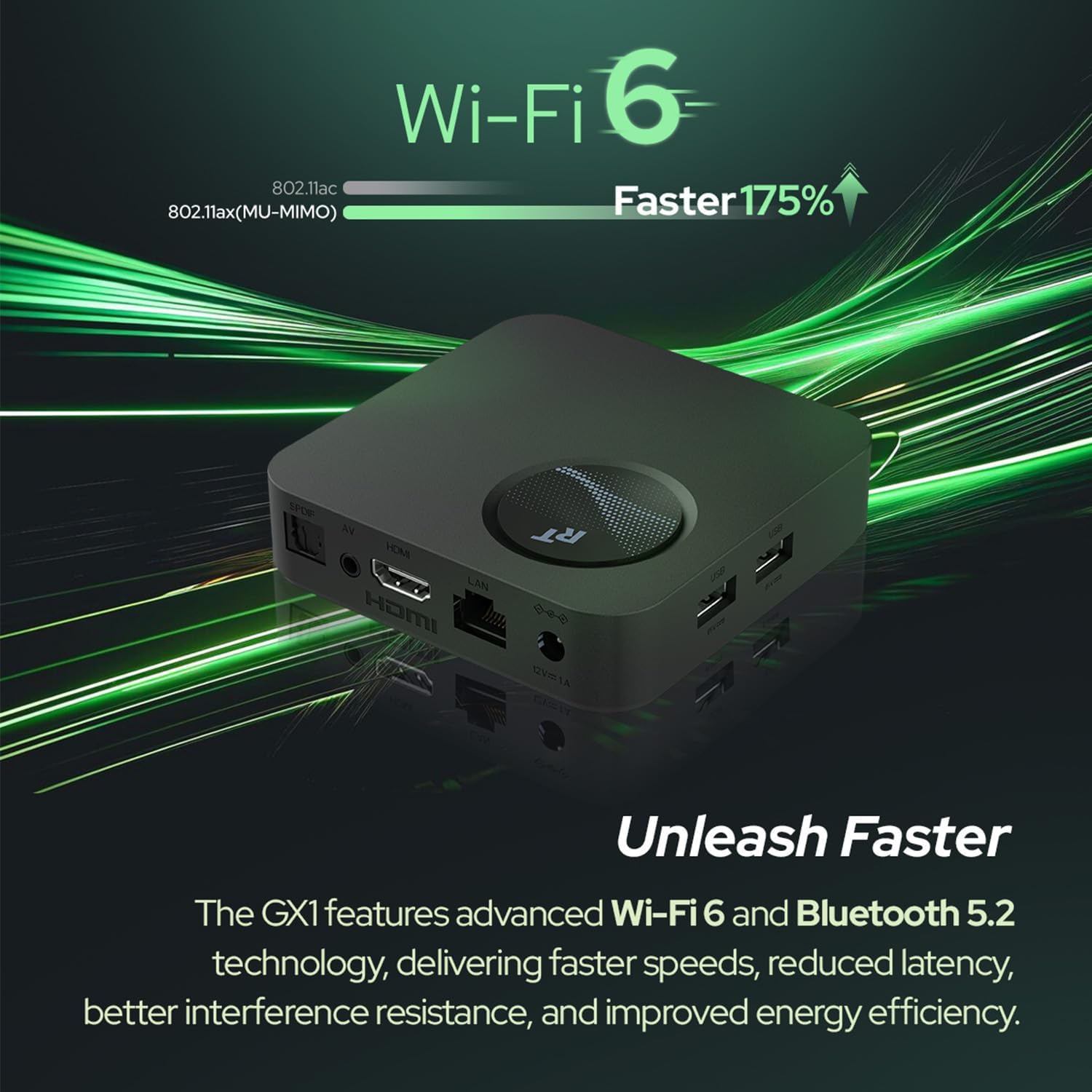 Rear view of RockTek GX1 showing connectivity ports including HDMI, LAN, USB, and power input.