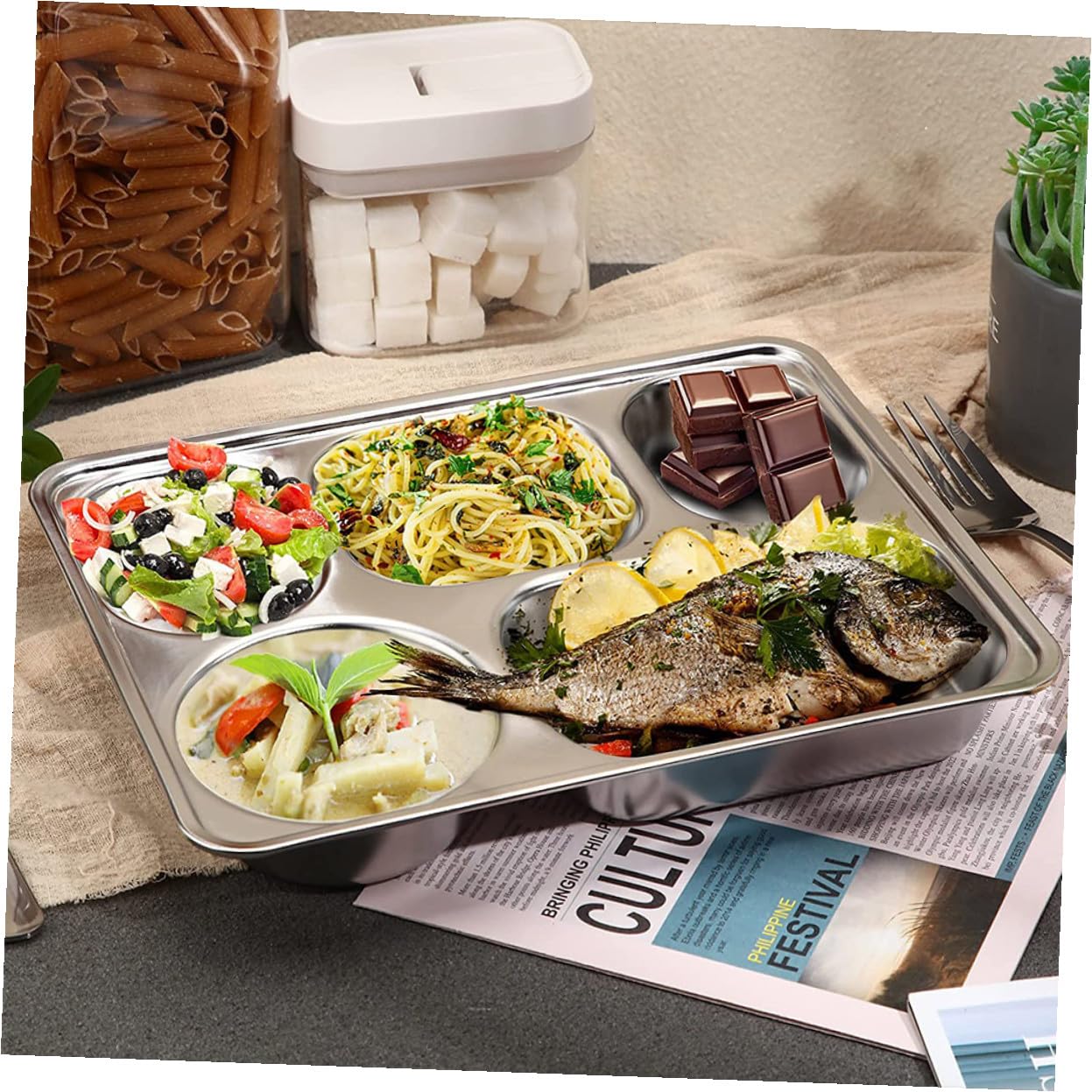 Plateau Divisé en Acier Inoxydable 3 Pièces, Assiette Compartimentée Rectangulaire Grosse Capacité, Métal Solide, Empilable, pour Adultes, Repas Quotidiens, École, Camping