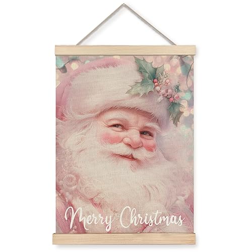 XUNLURY Pink Christmas Santa Poster Hanger Frame, Merry Christmas Wall