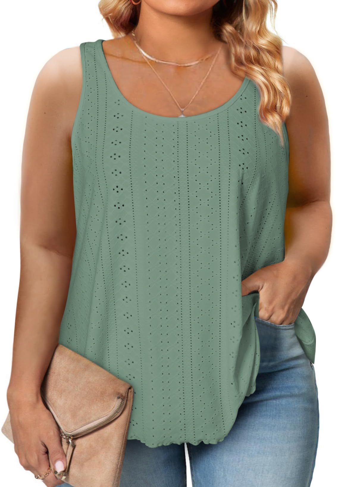 Eytino Womens Plus Size Tank Tops Summer Eyelet Embroidery Sleeveless T-Shirts Tops Scoop Neck Causal Loose Flowy Cami(1X-5X)