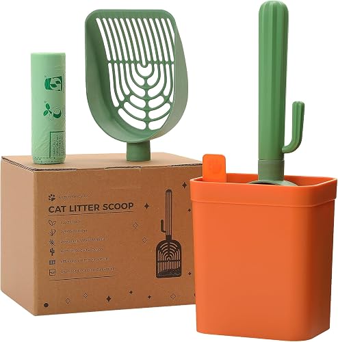 MUTTROS Cactus Cat Litter Scooper with Holder - 2 Replaceable Wheat Straw Plastic Shovels & ABS Handle and Box - Cat Litter Scoop with Bag & Trash Bag Storage - Premium Kitty Litter Scoop Green