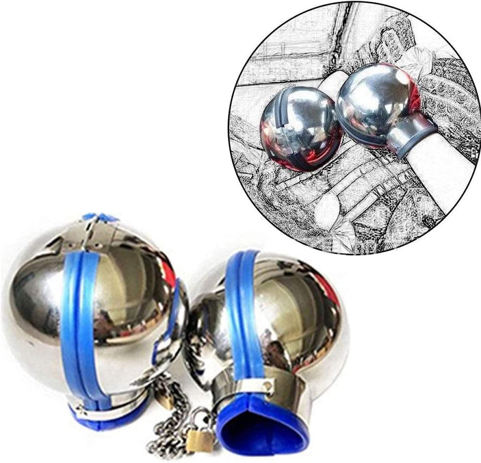 Manchette de poignet de bondage à boule en métal, menottes/gants de retenue en acier inoxydable avec chaîne et serrure, jouets SM for femmes et hommes(Blue Blau,Female)