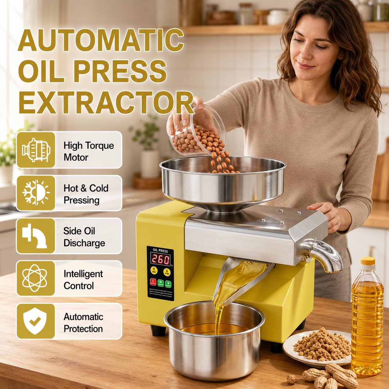 Maszyna do tłoczenia oleju 1500 W, ekstraktor na zimno ze stali nierdzewnej z pojemnikiem 235 mm, wydajność 5-9 kg/h do oliwek, orzeszków ziemnych, kokosów, sezamu
