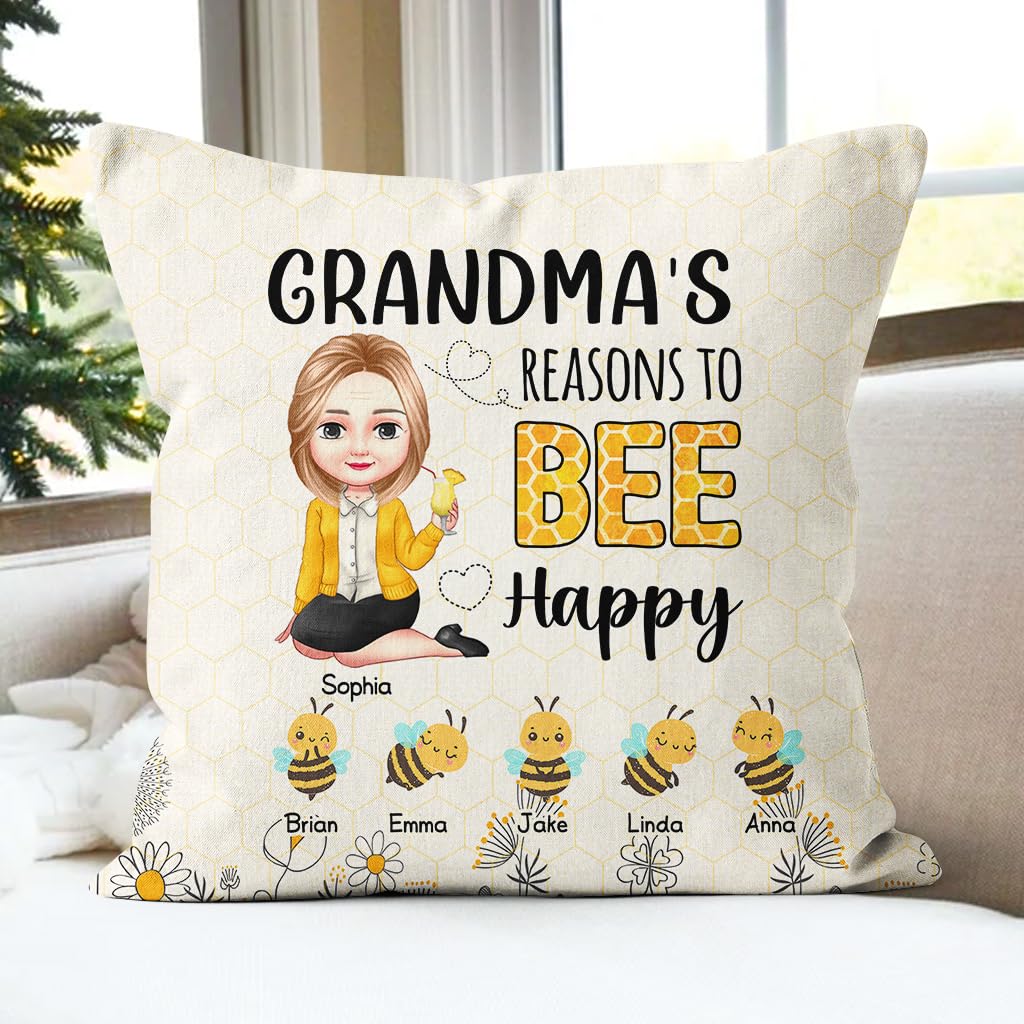 Gifts for Grandparents, Grandma's Reasons to Bee Kids Flowers, Personalized Square Pillow, Gifts for Grandma Nana from Grandkids, Sofa Couch Cushion, Gifts for Birthday Mother's Day