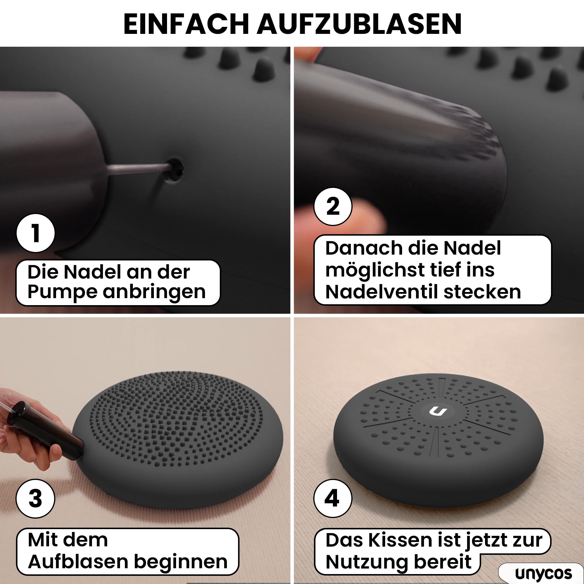 unycos - Ballsitzkissen Ø33 cm inklusive Pumpe, Noppenkissen, Luftkissen, Anti-Burst Sitzkissen, Balancekissen, Core, Rücken, Fitness Koordinations und Rückentraining (PureZen)