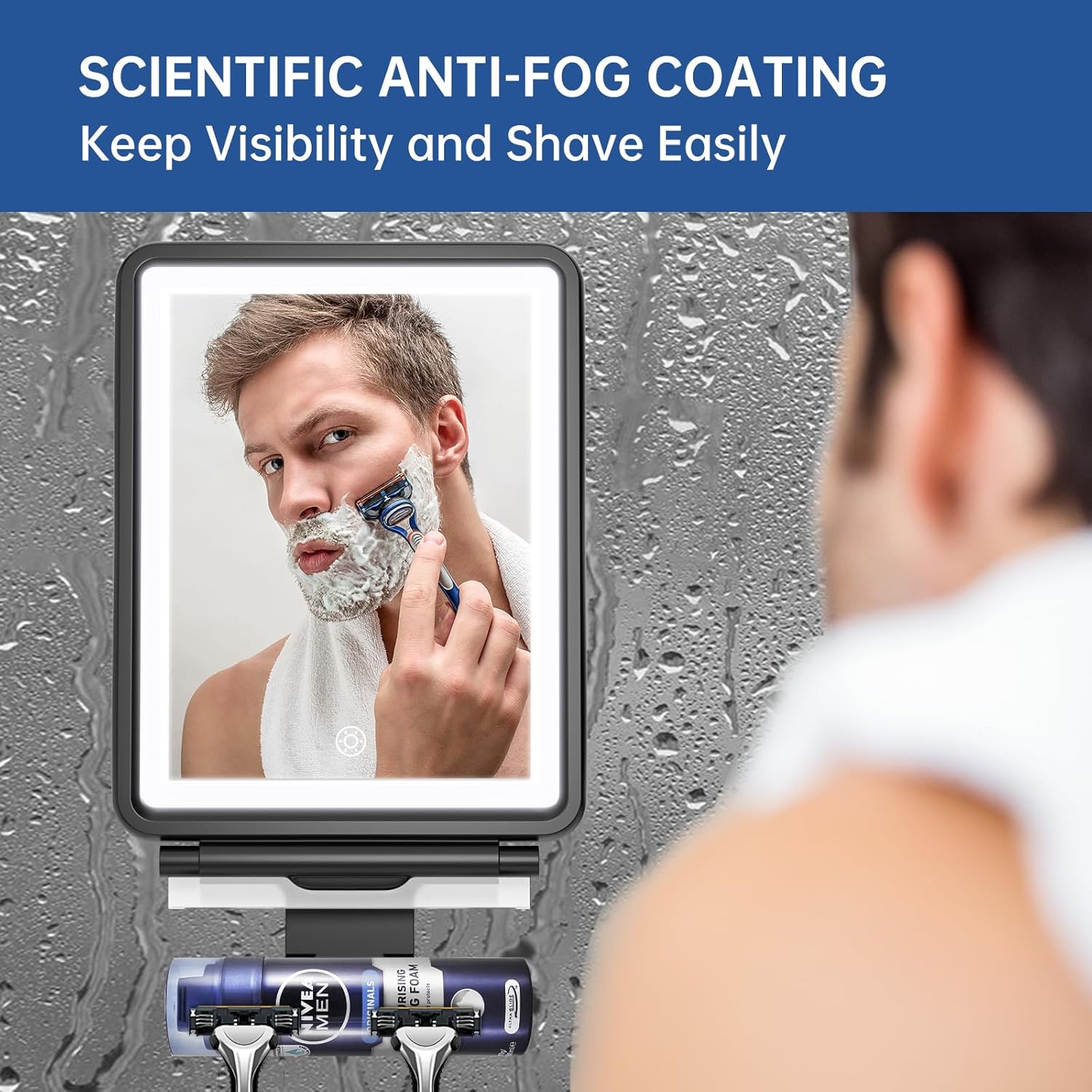 COSMIRROR Shower Mirror, 6.2 W x 8 H, Fogless for Shaving with Squeegee to Keep Clean or Remove Foggy Mess, Two Mounting Solution, Dimmable Lighting (3 Color Setting)