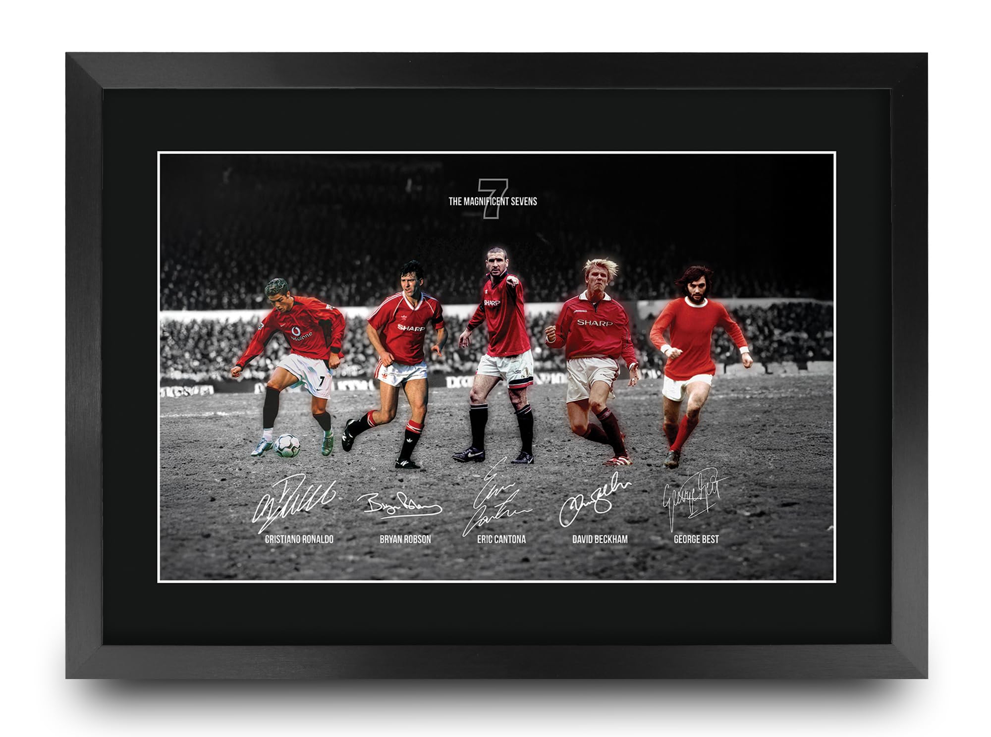 HWC Trading Manchester Red Devils United Magnificent 7s Gifts Printed Signed Autograph Picture for Football Fans and Supporters (ID-000026) - A3 Framed