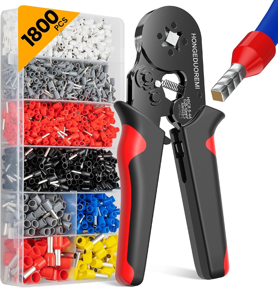 Ferrule Crimping Tool Kit,Wire Ferrule Kit Crimper Connectors,4 corners Self-adjustable AWG23-7 gauge 1800PCS Ferrules Electrical Terminal,Crimpers Tools Pin Terminals Ratchet Pliers for Audio,Car,DIY