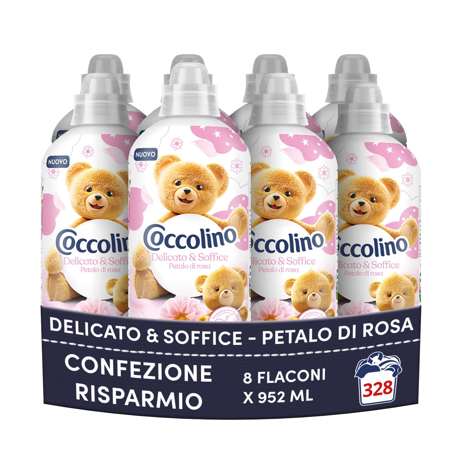 Coccolino Ammorbidente Concentrato Delicato e Soffice Petalo di Rosa, Ammorbidente Lavatrice Dermatologicamente Testato, Morbidezza Naturale, Freschezza Lunga, 41 Lavaggi, 8 x 952 ml