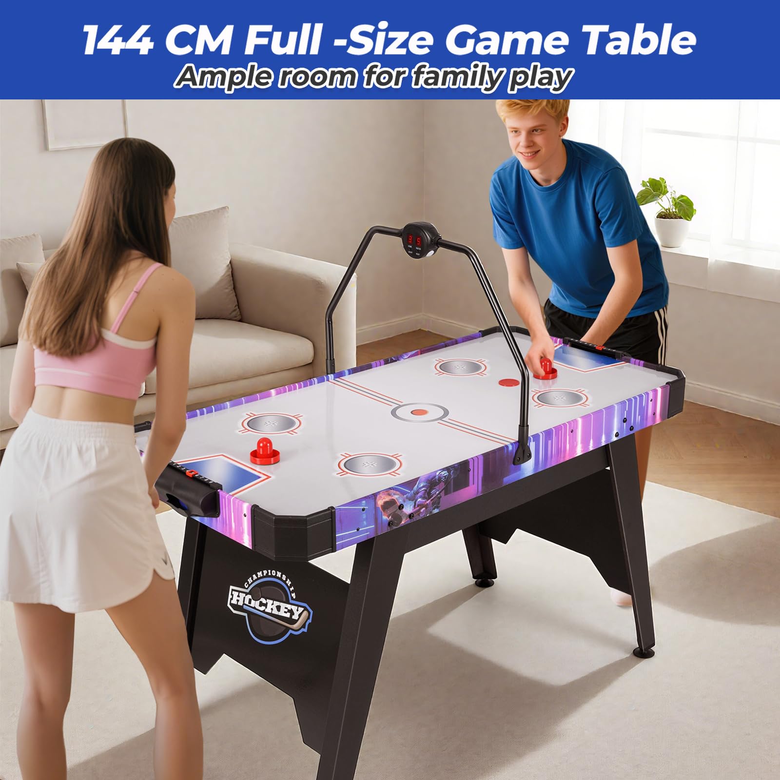 HOMASIS Tavolo da Gioco di Air Hockey con Tabellone Segnapunti LED, 2 Aste e Dischetti, Pedali Regolabili, Tavolo da Hockey per Famiglia, Bar, Casa, Ufficio, per Bambini e Adulti