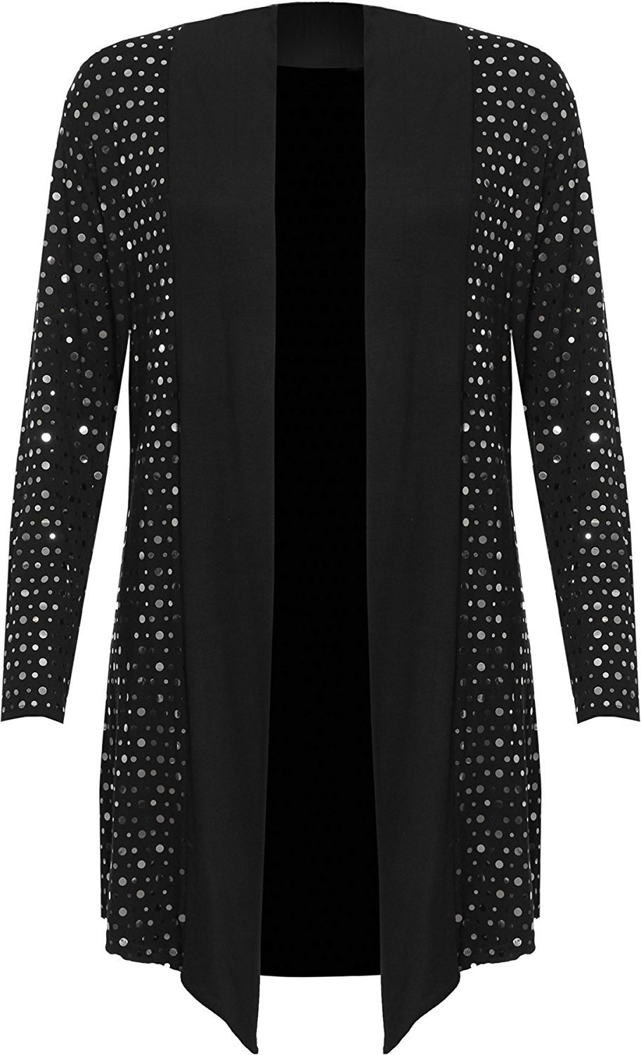 Cima Mode Ladies Plus Size Shiny Sequin Polka Dot Waterfall Open Drape Long Sleeve Plain Cardigan UK Size 14-26